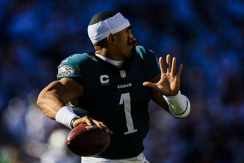 Oct 27, 2024; Cincinnati, Ohio, USA; Philadelphia Eagles quarterback Jalen Hurts (1) warms up during a stop in play in the second half against the Cincinnati Bengals at Paycor Stadium. Mandatory Credit: Katie Stratman-Imagn Images