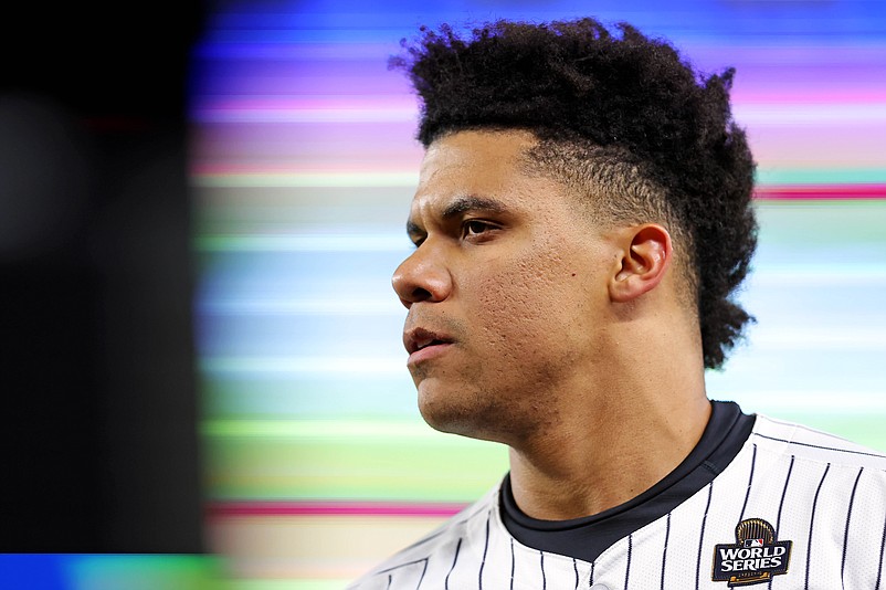 Oct 28, 2024; New York, New York, USA; New York Yankees outfielder Juan Soto (22) before playing against the Los Angeles Dodgers in game three of the 2024 MLB World Series at Yankee Stadium. Mandatory Credit: Brad Penner-Imagn Images