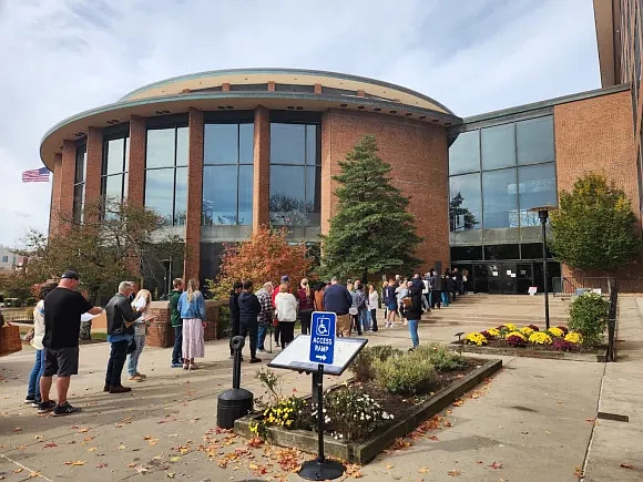 Voters wait in line at a Bucks County election office on Oct. 26, 2024. (Credit: Christina Kristofic/Capital-Star)