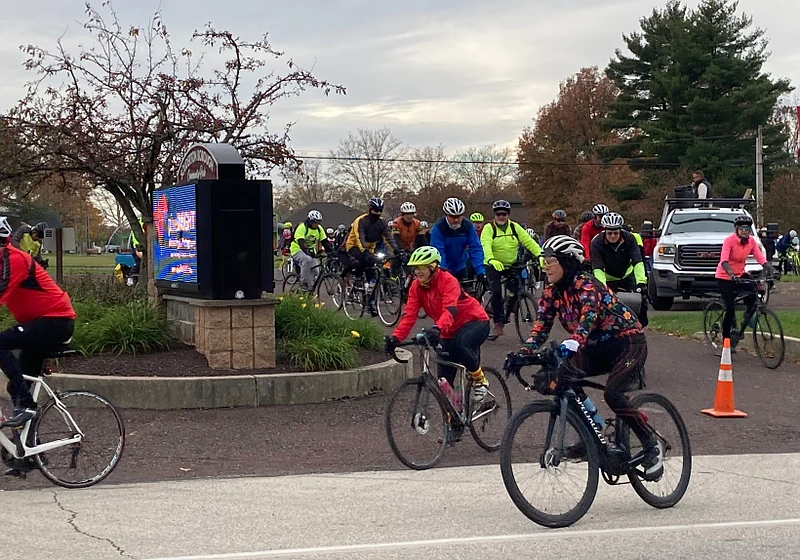 Cyclists depart the Souderton Community Park as the annual Cranksgiving food drive gets underway in 2023. (John Worthington – MediaNews Group)