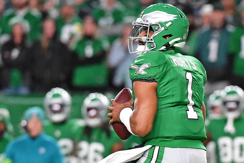 Oct 22, 2023; Philadelphia, Pennsylvania, USA; Philadelphia Eagles quarterback Jalen Hurts (1) against the Miami Dolphins at Lincoln Financial Field. Mandatory Credit: Eric Hartline-USA TODAY Sports