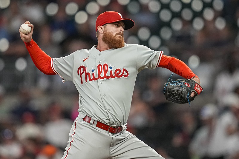 Sep 18, 2023; Cumberland, Georgia, USA; Philadelphia Phillies relief pitcher relief pitcher Dylan Covey (54) pitches against the Atlanta Braves during the ninth inning at Truist Park. Mandatory Credit: Dale Zanine-USA TODAY Sports