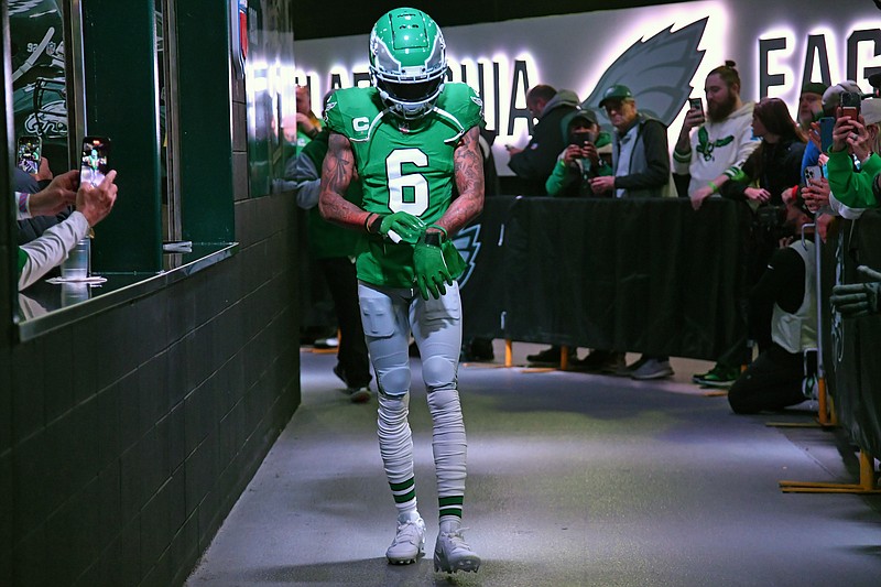 Oct 22, 2023; Philadelphia, Pennsylvania, USA; Philadelphia Eagles wide receiver DeVonta Smith (6) in the tunnel before game against the Miami Dolphins at Lincoln Financial Field. Mandatory Credit: Eric Hartline-USA TODAY Sports