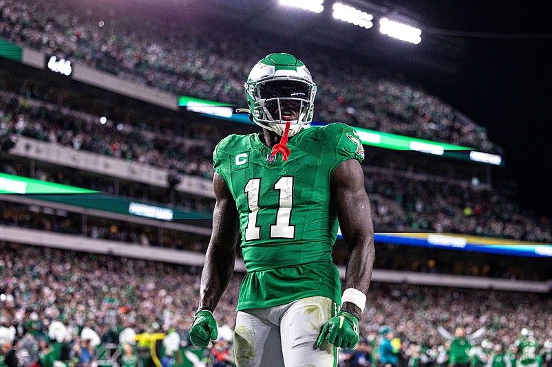 Oct 22, 2023; Philadelphia, Pennsylvania, USA; Philadelphia Eagles wide receiver A.J. Brown (11) reacts after a running back Kenneth Gainwell (not pictured) touchdown run against the Miami Dolphins during the fourth quarter at Lincoln Financial Field. Mandatory Credit: Bill Streicher-USA TODAY Sports