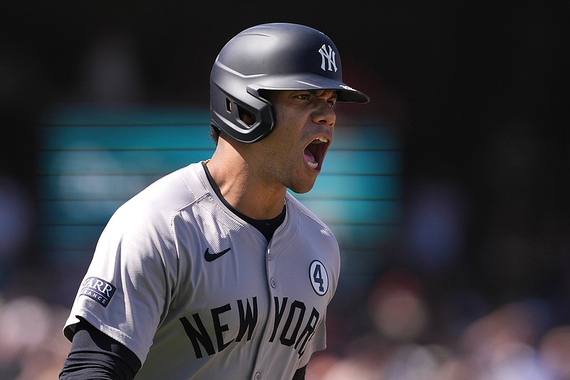 Jun 2, 2024; San Francisco, California, USA; New York Yankees right fielder Juan Soto (22) reacts after hitting a home run against the San Francisco Giants during the ninth inning at Oracle Park. Mandatory Credit: Darren Yamashita-USA TODAY Sports