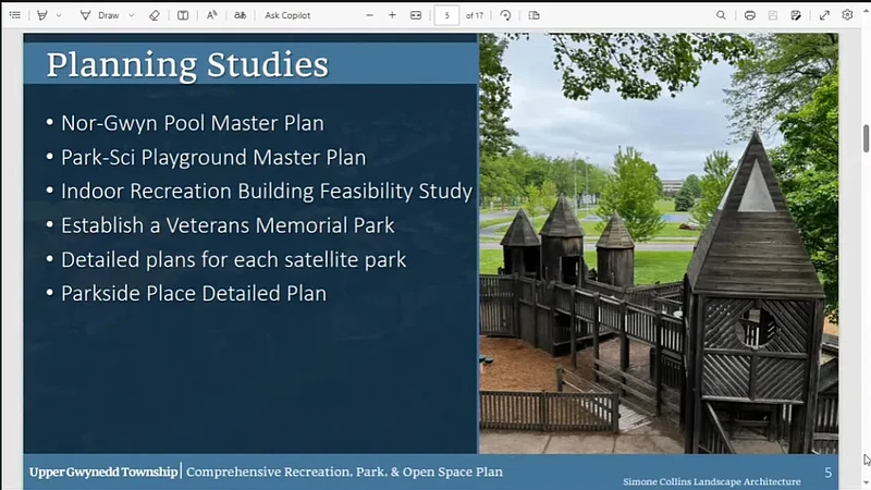 Upper Gwynedd’s board of commissioners saw a presentation on a draft township recreation, parks and open space plan during the board’s Oct. 14, 2024 meeting. (Screenshot of meeting video)