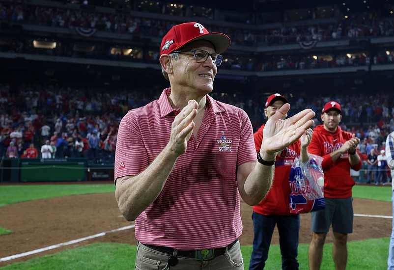 Oct 4, 2023; Philadelphia, Pennsylvania, USA; Philadelphia Phillies owner John Middleton celebrates on the field after defeating the Miami Marlins in game two of the Wildcard series for the 2023 MLB playoffs at Citizens Bank Park. Mandatory Credit: Bill Streicher-USA TODAY Sports