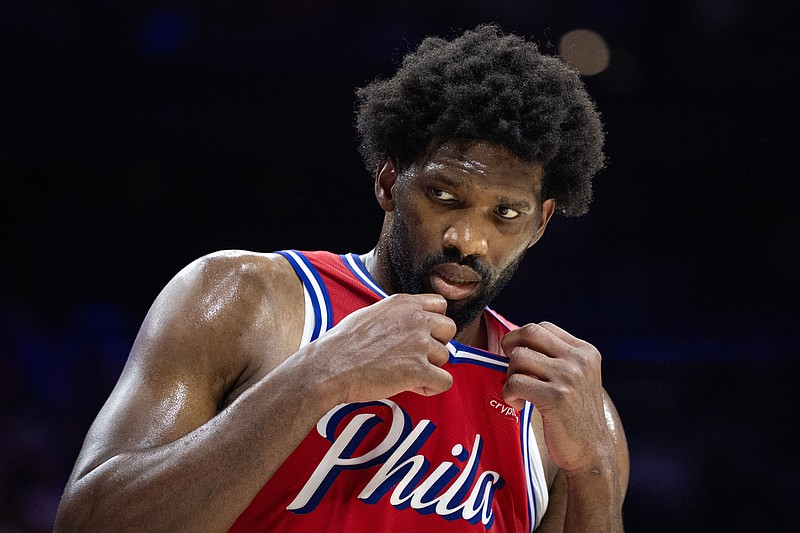 Apr 28, 2024; Philadelphia, Pennsylvania, USA; Philadelphia 76ers center Joel Embiid (21) looks on during a break in action in the second half against the New York Knicks in game four of the first round in the 2024 NBA playoffs at Wells Fargo Center. Mandatory Credit: Bill Streicher-USA TODAY Sports