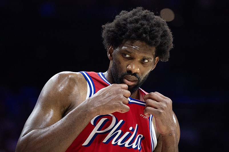 Apr 28, 2024; Philadelphia, Pennsylvania, USA; Philadelphia 76ers center Joel Embiid (21) looks on during a break in action in the second half against the New York Knicks in game four of the first round in the 2024 NBA playoffs at Wells Fargo Center. Mandatory Credit: Bill Streicher-USA TODAY Sports