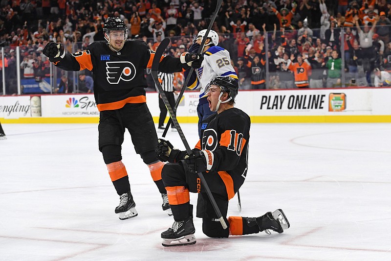 Oct 31, 2024; Philadelphia, Pennsylvania, USA; Philadelphia Flyers right wing Bobby Brink (10) celebrates his goal with defenseman Rasmus Ristolainen (55) against the St. Louis Blues during the third period at Wells Fargo Center. Mandatory Credit: Eric Hartline-Imagn Images