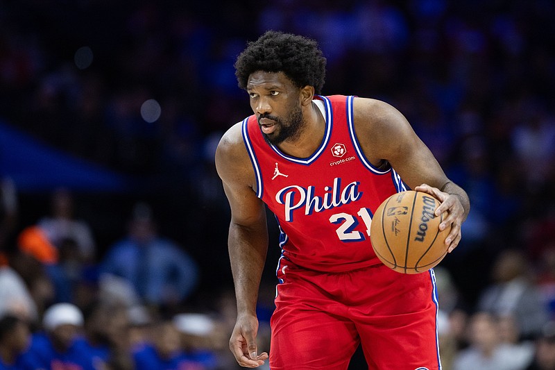 Apr 28, 2024; Philadelphia, Pennsylvania, USA; Philadelphia 76ers center Joel Embiid (21) dribbles the ball against the New York Knicks during the first half of game four of the first round in the 2024 NBA playoffs at Wells Fargo Center. Mandatory Credit: Bill Streicher-USA TODAY Sports