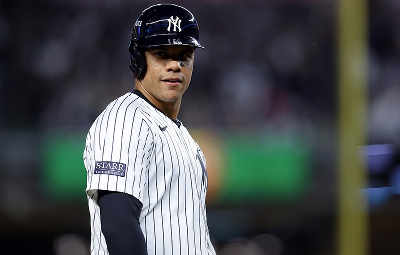 Oct 29, 2024; New York, New York, USA; New York Yankees outfielder Juan Soto (22) on third base during the first inning in game four of the 2024 MLB World Series against the Los Angeles Dodgers at Yankee Stadium. Mandatory Credit: Brad Penner-Imagn Images