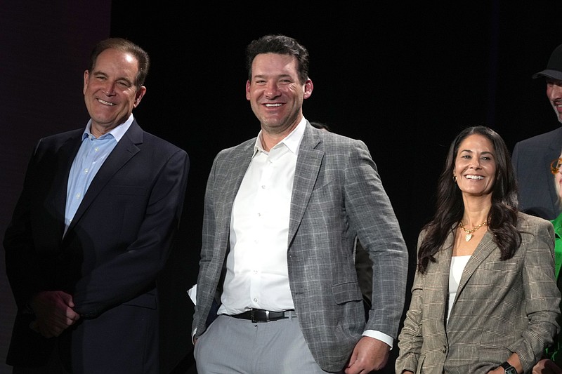 Feb 6, 2024; Las Vegas, NV, USA; CBS Sports play-by-play announcer Jim Nantz (left), analyst Tony Romo (center) and sideline reporter Tracy Wolfson at press conference at the Super Bowl 58 Media Center at the Mandalay Bay Resort and Casino.  Mandatory Credit: Kirby Lee-USA TODAY Sports