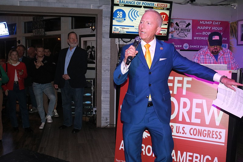 Congressman Jeff Van Drew delivers his victory speech in front of supporters at the Oar House Pub in Sea Isle City.