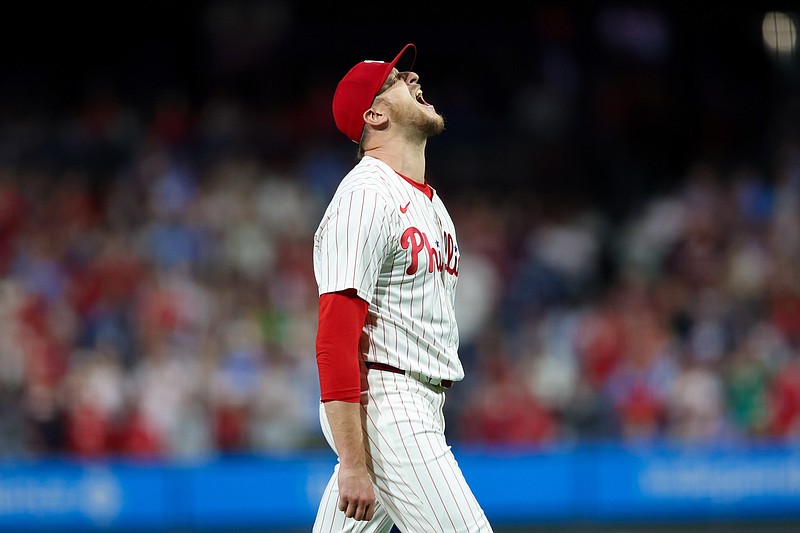 Sep 9, 2024; Philadelphia, Pennsylvania, USA; Philadelphia Phillies pitcher Jeff Hoffman (23) reacts after pitching out of the eighth inning against the Tampa Bay Rays at Citizens Bank Park. Mandatory Credit: Bill Streicher-Imagn Images