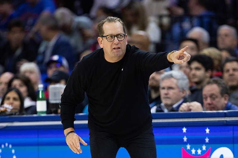 Nov 2, 2024; Philadelphia, Pennsylvania, USA; Philadelphia 76ers head coach Nick Nurse reacts during the second against the Memphis Grizzlies quarter at Wells Fargo Center. Mandatory Credit: Bill Streicher-Imagn Images