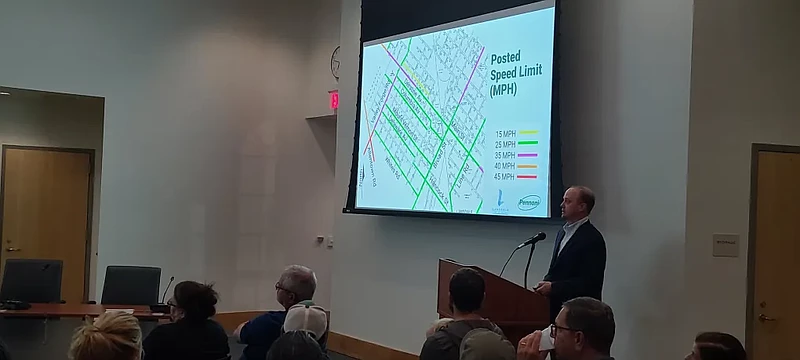 Traffic engineer Earl Armitage, at podium, points out a series of speed limit measurements on several streets in Lansdale during a traffic study presentation on Wednesday, Oct. 30, 2024.