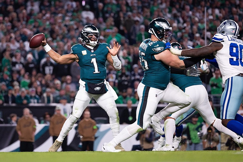 Nov 5, 2023; Philadelphia, Pennsylvania, USA; Philadelphia Eagles quarterback Jalen Hurts (1) passes the ball against the Dallas Cowboys during the third quarter at Lincoln Financial Field. Mandatory Credit: Bill Streicher-USA TODAY Sports