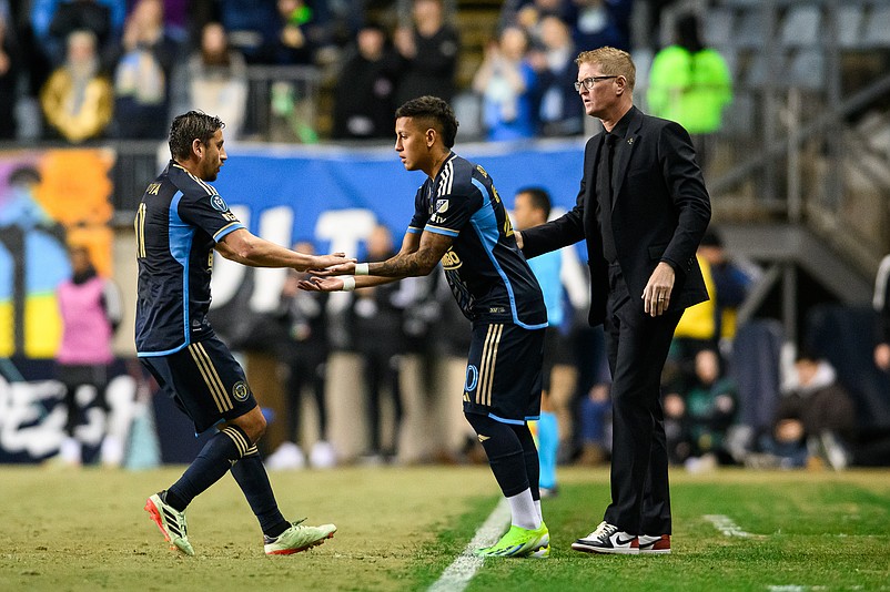 Mar 5, 2024; Chester, PA, USA; Philadelphia Union midfielder Alejandro Bedoya (11) is greeted by head coach Jim Curtain as he is substituted for midfielder Jesus Bueno (20) during the second half against C.F. Pachuca at Subaru Park. Mandatory Credit: Caean Couto-USA TODAY Sports