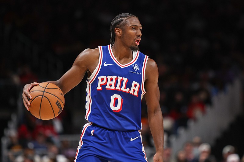 Oct 14, 2024; Atlanta, Georgia, USA; Philadelphia 76ers guard Tyrese Maxey (0) dribbles against the Atlanta Hawks in the second quarter at State Farm Arena. Mandatory Credit: Brett Davis-Imagn Images