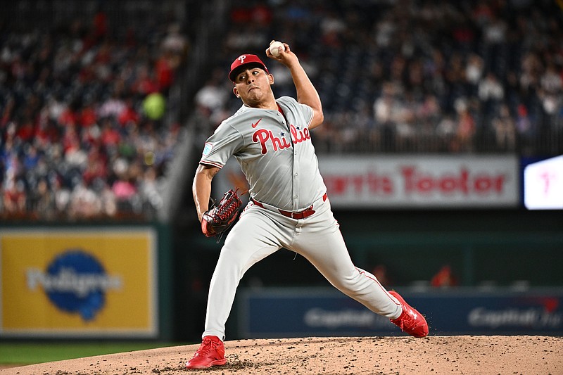 Sep 27, 2024; Washington, District of Columbia, USA;  Philadelphia Phillies pitcher Ranger Suarez (55) delivers a pitch during the second inning against the Washington Nationals at Nationals Park. Mandatory Credit: James A. Pittman-Imagn Images