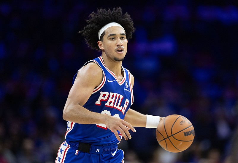 Oct 30, 2024; Philadelphia, Pennsylvania, USA; Philadelphia 76ers guard Jared McCain (20) dribbles the ball against the Detroit Pistons the fourth quarter at Wells Fargo Center. Mandatory Credit: Bill Streicher-Imagn Images