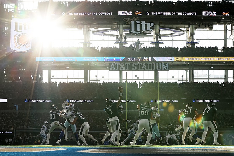 Nov 10, 2024; Arlington, Texas, USA; Philadelphia Eagles quarterback Jalen Hurts (1) throws a pass against the Dallas Cowboys in the game at AT&T Stadium. Mandatory Credit: Tim Heitman-Imagn Images