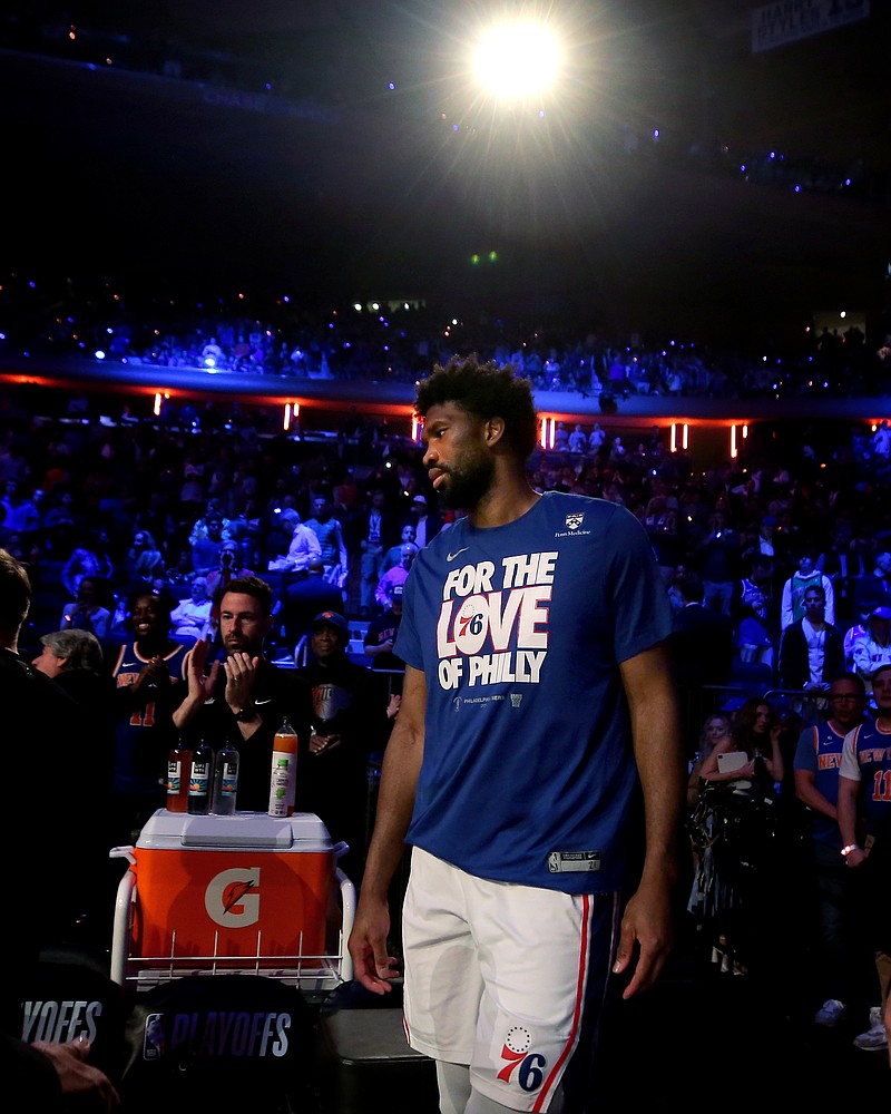 Apr 30, 2024; New York, New York, USA; Philadelphia 76ers center Joel Embiid (21) before game 5 of the first round of the 2024 NBA playoffs against the New York Knicks at Madison Square Garden. Mandatory Credit: Brad Penner-USA TODAY Sports