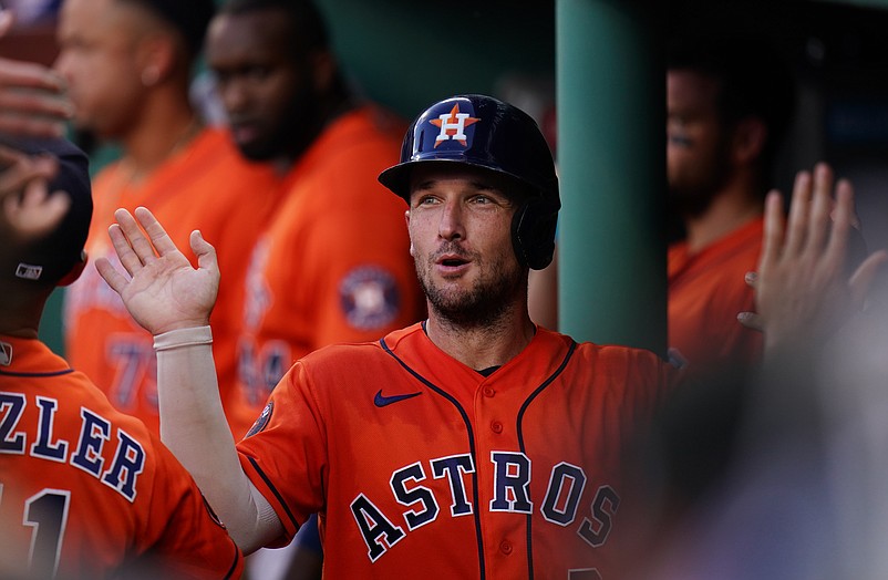 Aug 30, 2023; Boston, Massachusetts, USA; Houston Astros third baseman Alex Bregman (2) celebrates after scoring against the Boston Red Sox in the third inning at Fenway Park. Mandatory Credit: David Butler II-USA TODAY Sports