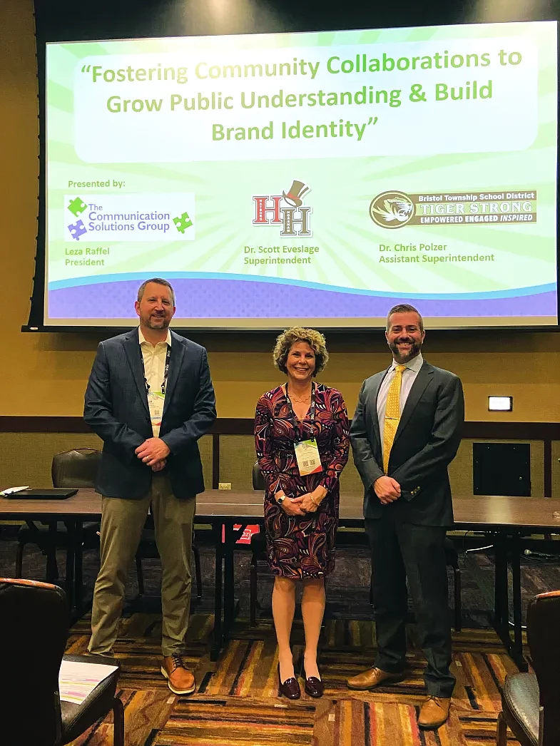 Hatboro-Horsham School District Superintendent Dr. Scott Eveslage; Leza Raffel, president of The Communication Solutions Group, and Bristol Township School District Assistant Superintendent Dr. Chris Polzer present at a PASA-PSBA conference. (Photo by Kellie Francello)