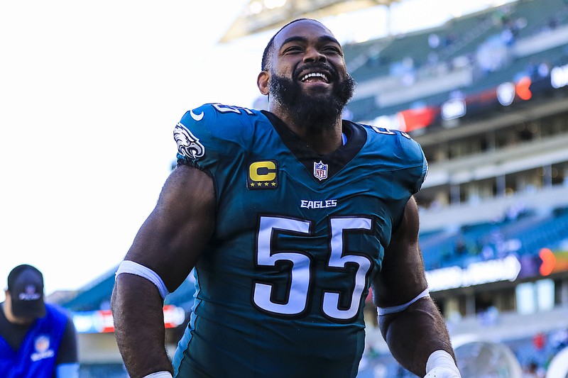 Oct 27, 2024; Cincinnati, Ohio, USA; Philadelphia Eagles defensive end Brandon Graham (55) walks off the field after the victory over the Cincinnati Bengals at Paycor Stadium. Mandatory Credit: Katie Stratman-Imagn Images