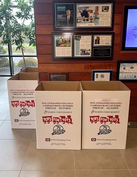 ‘Toys for Tots’ donation boxes are seen at the North Penn Water Authority’s headquarters on Forty Foot Road in Towamencin. (Photo courtesy of NPWA)