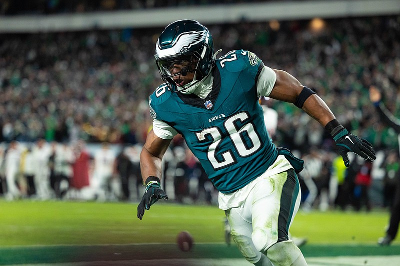 Nov 14, 2024; Philadelphia, Pennsylvania, USA; Philadelphia Eagles running back Saquon Barkley (26) reacts after his touchdown run against the Washington Commanders during the fourth quarter at Lincoln Financial Field. Mandatory Credit: Bill Streicher-Imagn Images