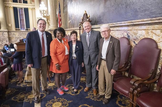 White's husband, Lou White, far right, was present on the House floor as a guest of Rep. Tim Brennan, left, on Oct. 22 to see the resolution pass, along with the current mayor of Doylestown, Noni West, center, and the immediate prior mayor, Ron Strouse, second from left. (Credit: Rep. Tim Brennan)