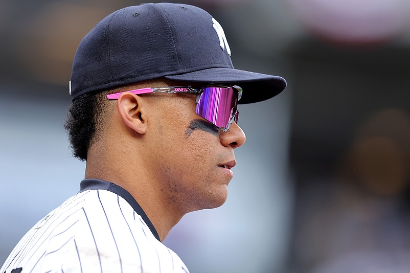 Apr 5, 2024; Bronx, New York, USA; New York Yankees right fielder Juan Soto (22) during the eighth inning against the Toronto Blue Jays at Yankee Stadium. Mandatory Credit: Brad Penner-USA TODAY Sports