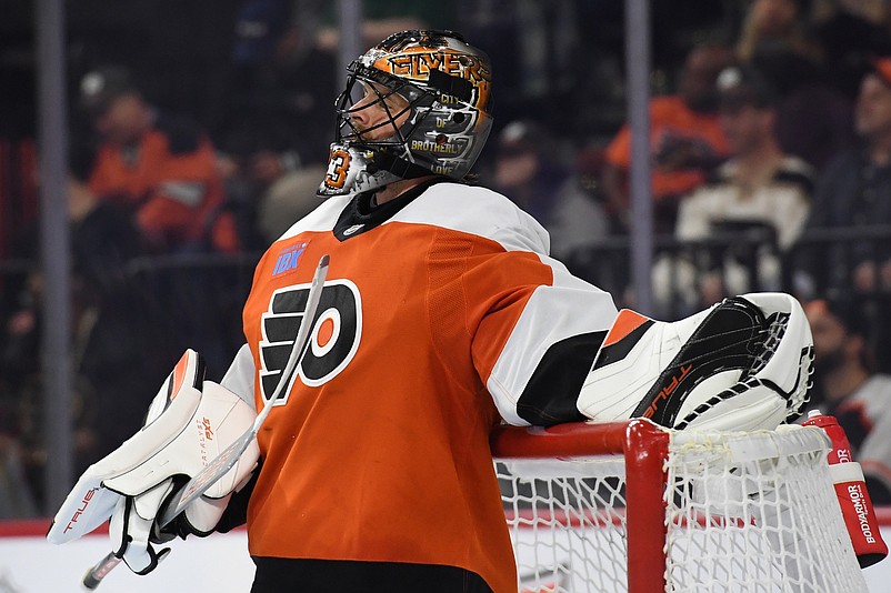 Nov 11, 2024; Philadelphia, Pennsylvania, USA; Philadelphia Flyers goaltender Samuel Ersson (33) against the San Jose Sharks at Wells Fargo Center. Mandatory Credit: Eric Hartline-Imagn Images