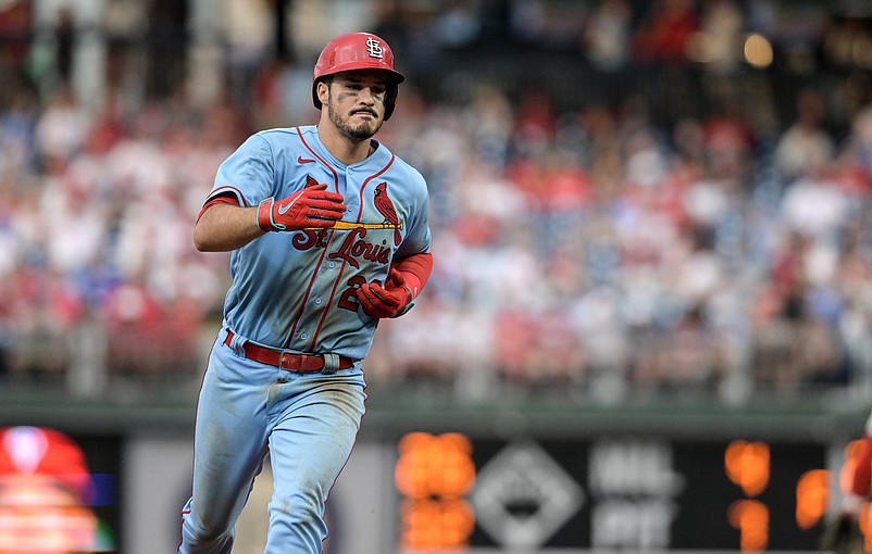 Jul 2, 2022; Philadelphia, Pennsylvania, USA;  St. Louis Cardinals third baseman Nolan Arenado (28) rounds the bases after hitting a game-winning home run during the ninth inning against the Philadelphia Phillies at Citizens Bank Park. The Cardinals won 7-6. Mandatory Credit: John Geliebter-USA TODAY Sports