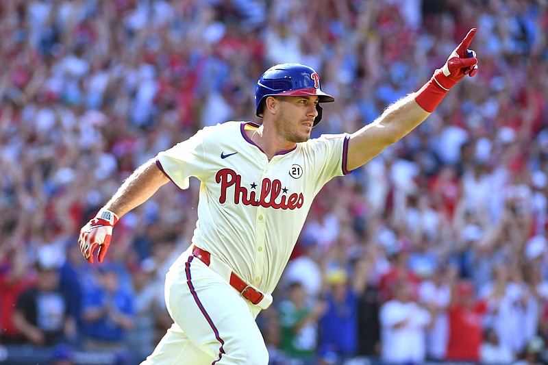 Sep 15, 2024; Philadelphia, Pennsylvania, Philadelphia Phillies catcher J.T. Realmuto (10) celebrates his walk-off RBI single during the ninth inning against the New York Mets USA; at Citizens Bank Park. Mandatory Credit: Eric Hartline-Imagn Images