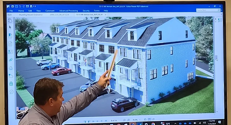 Engineer Jason Korczak points to a rendering of a 12-unit townhouse building proposed for the 100 block of East Mt. Vernon Street in Lansdale during the code committee meeting on Nov. 6, 2024.