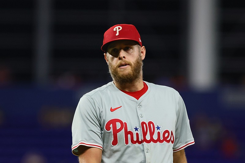 Sep 6, 2024; Miami, Florida, USA; Philadelphia Phillies starting pitcher Zack Wheeler (45) looks on against the Miami Marlins during the fifth inning at loanDepot Park. Mandatory Credit: Sam Navarro-Imagn Images