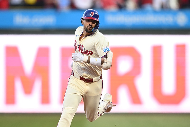 Oct 6, 2024; Philadelphia, Pennsylvania, USA; Philadelphia Phillies outfielder Nick Castellanos (8) celebrates after hitting home-run in the sixth inning against the New York Mets during game two of the NLDS for the 2024 MLB Playoffs at Citizens Bank Park. Mandatory Credit: Kyle Ross-Imagn Images