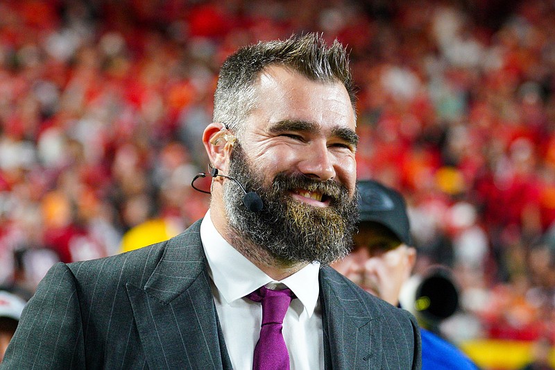 Nov 4, 2024; Kansas City, Missouri, USA; Former NFL player and ESPN commentator Jason Kelce on the sidelines during the first half of the game between the Kansas City Chiefs and Tampa Bay Buccaneers at GEHA Field at Arrowhead Stadium. Mandatory Credit: Denny Medley-Imagn Images