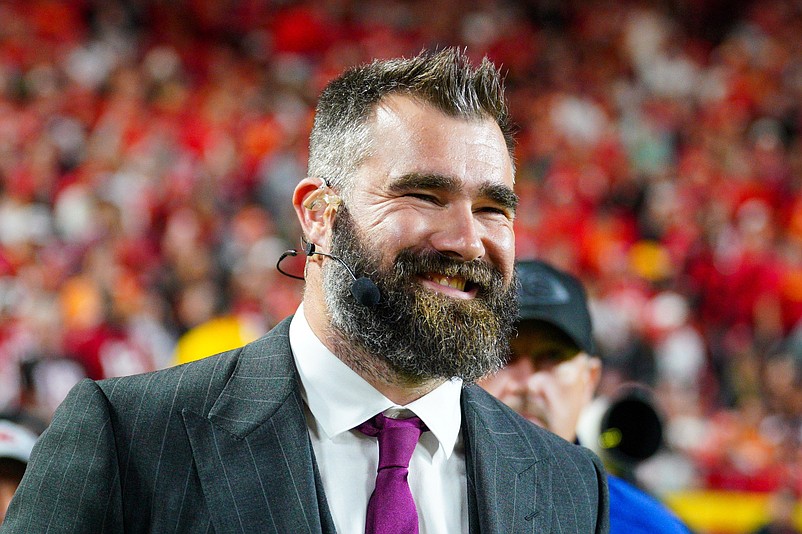 Nov 4, 2024; Kansas City, Missouri, USA; Former NFL player and ESPN commentator Jason Kelce on the sidelines during the first half of the game between the Kansas City Chiefs and Tampa Bay Buccaneers at GEHA Field at Arrowhead Stadium. Mandatory Credit: Denny Medley-Imagn Images