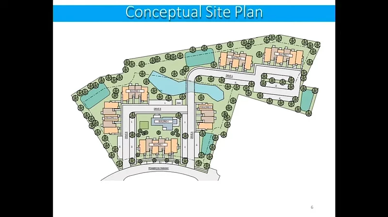 Site plan proposing a total of 60 “workforce housing” units to be built on Pennbrook Parkway, at bottom, as presented to Upper Gwynedd commissioners on April 10 2023. (Screenshot of meeting video)