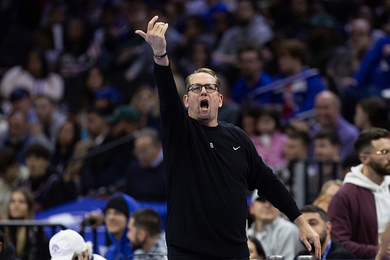 Nov 22, 2024; Philadelphia, Pennsylvania, USA; Philadelphia 76ers Nick Nurse reacts against the Brooklyn Nets during the third quarter at Wells Fargo Center. Mandatory Credit: Bill Streicher-Imagn Images