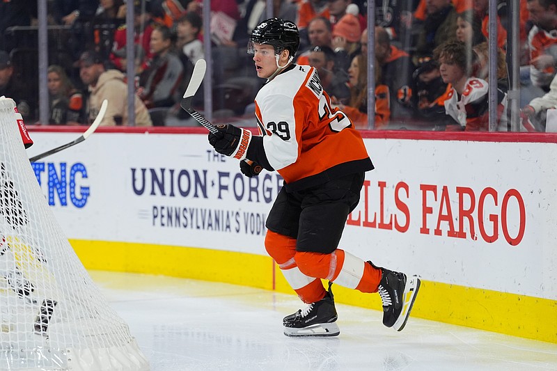 Nov 23, 2024; Philadelphia, Pennsylvania, USA; Philadelphia Flyers right wing Matvei Michkov (39) in action against the Chicago Blackhawks in the third period at Wells Fargo Center. Mandatory Credit: Kyle Ross-Imagn Images