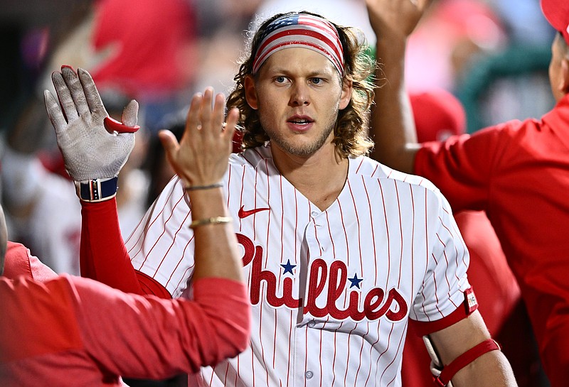 Aug 29, 2023; Philadelphia, Pennsylvania, USA; Philadelphia Phillies infielder Alec Bohm (28) celebrates in the dugout after hitting a three-run home run against the Los Angeles Angels in the sixth inning at Citizens Bank Park. Mandatory Credit: Kyle Ross-USA TODAY Sports