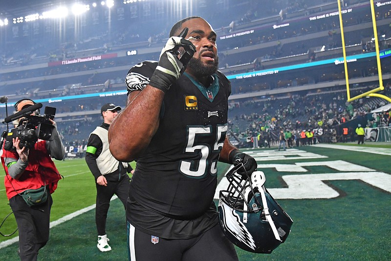 Dec 25, 2023; Philadelphia, Pennsylvania, USA; Philadelphia Eagles defensive end Brandon Graham (55) runs off the field after win against the New York Giants at Lincoln Financial Field. Mandatory Credit: Eric Hartline-USA TODAY Sports