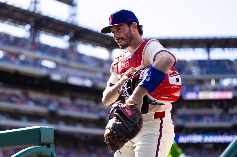 Apr 13, 2024; Philadelphia, Pennsylvania, USA; Philadelphia Phillies catcher Garrett Stubbs (21) in a game against the Pittsburgh Pirates at Citizens Bank Park. Mandatory Credit: Bill Streicher-USA TODAY Sports