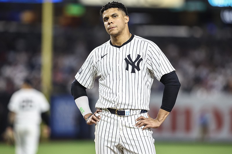 May 22, 2024; Bronx, New York, USA;  New York Yankees right fielder Juan Soto (22) stands on the field after striking out with the bases loaded in the seventh inning against the Seattle Mariners at Yankee Stadium. Mandatory Credit: Wendell Cruz-USA TODAY Sports